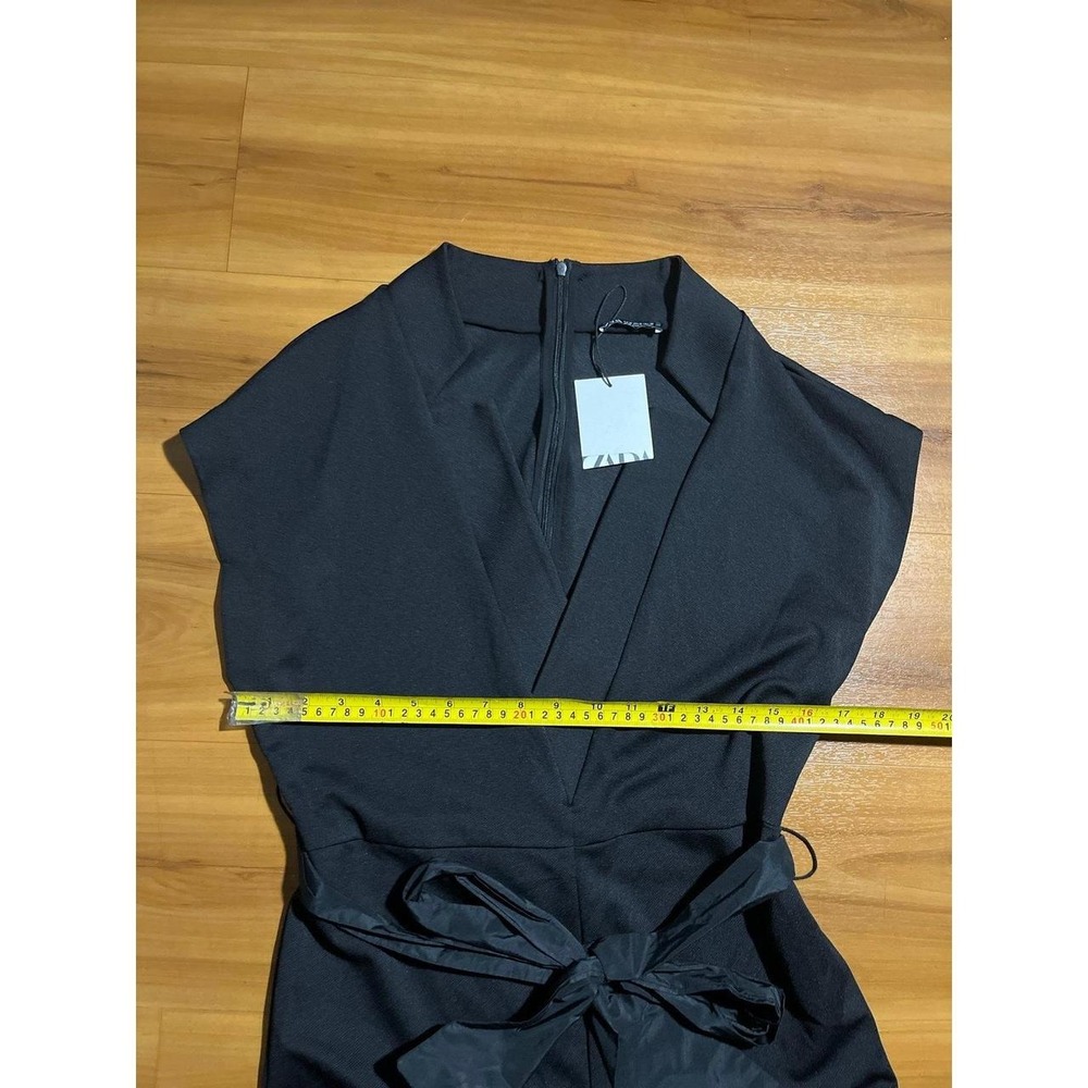 Womens NWT ZARA V-Neck Cap Sleeve Belted Black Crop Dress Casual Jumpsuit - Picture 4 of 6